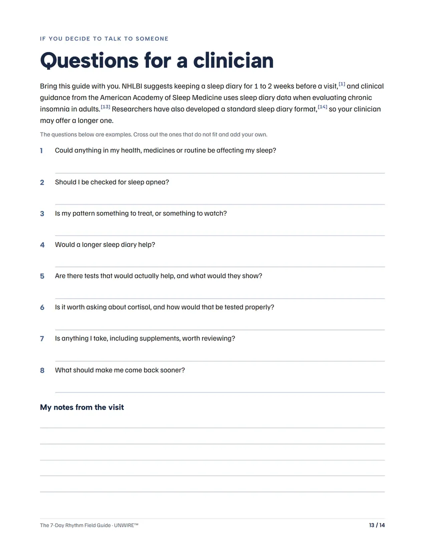 Page 13 of The 7-Day Rhythm Field Guide: Questions for a clinician.