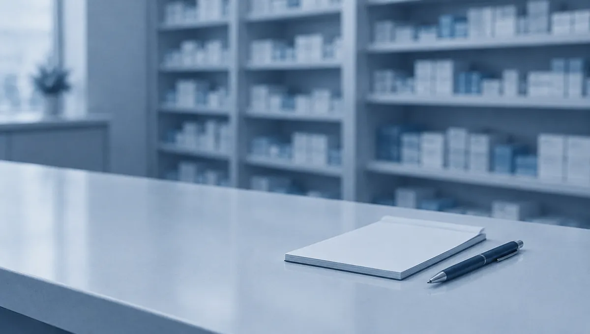 A pharmacist-style counter with a blank notepad and pen in cool, even light.
