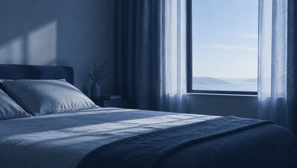 Morning light across an empty, neatly made bed, curtains half open on a pale blue sky.