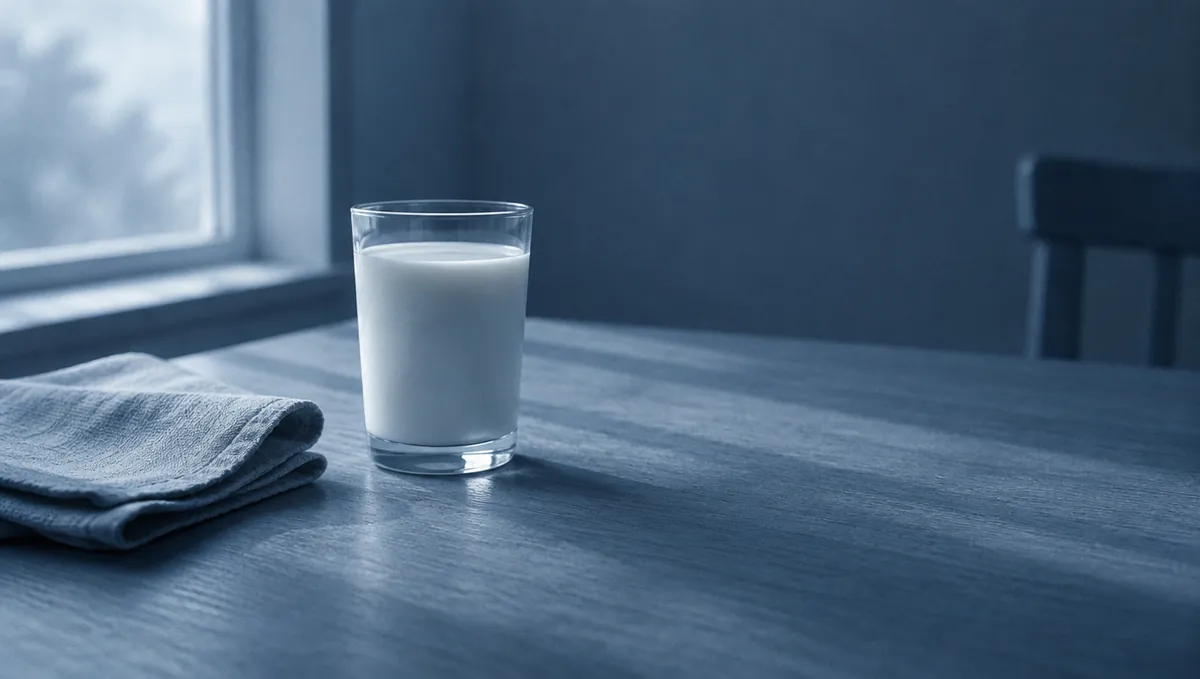A glass of milk and a folded linen napkin on a breakfast table in cool morning light.