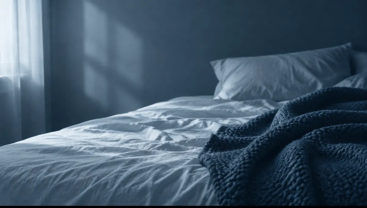 Rumpled bedding in soft morning light, a heavy blanket half pulled back.