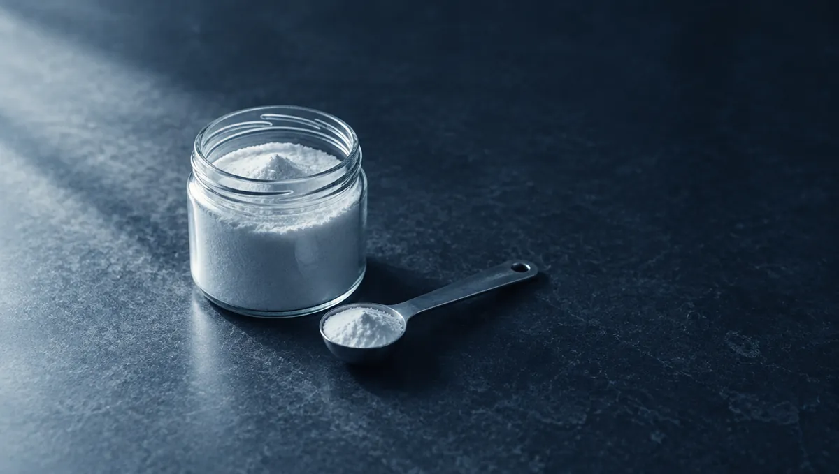 A small open jar of fine white powder and a measuring spoon on a dark kitchen counter.