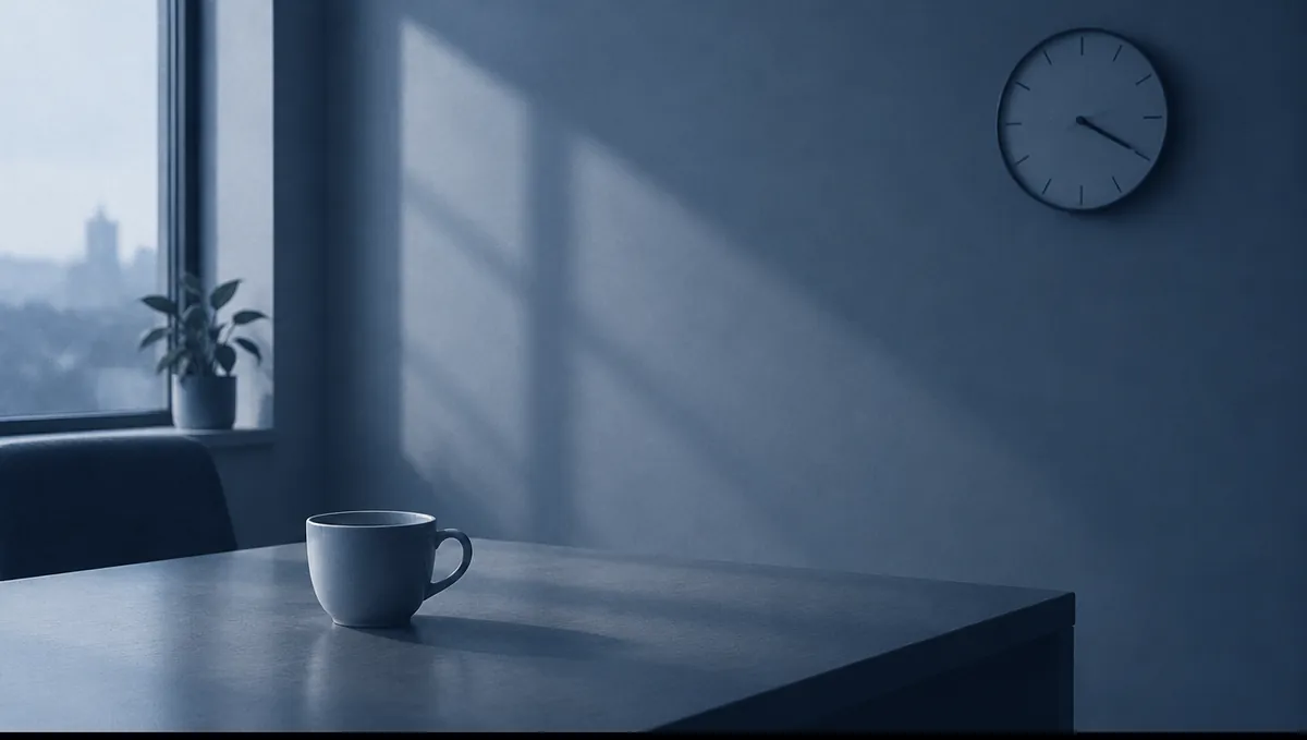 An empty coffee cup and a wall clock in a quiet office in late afternoon light.