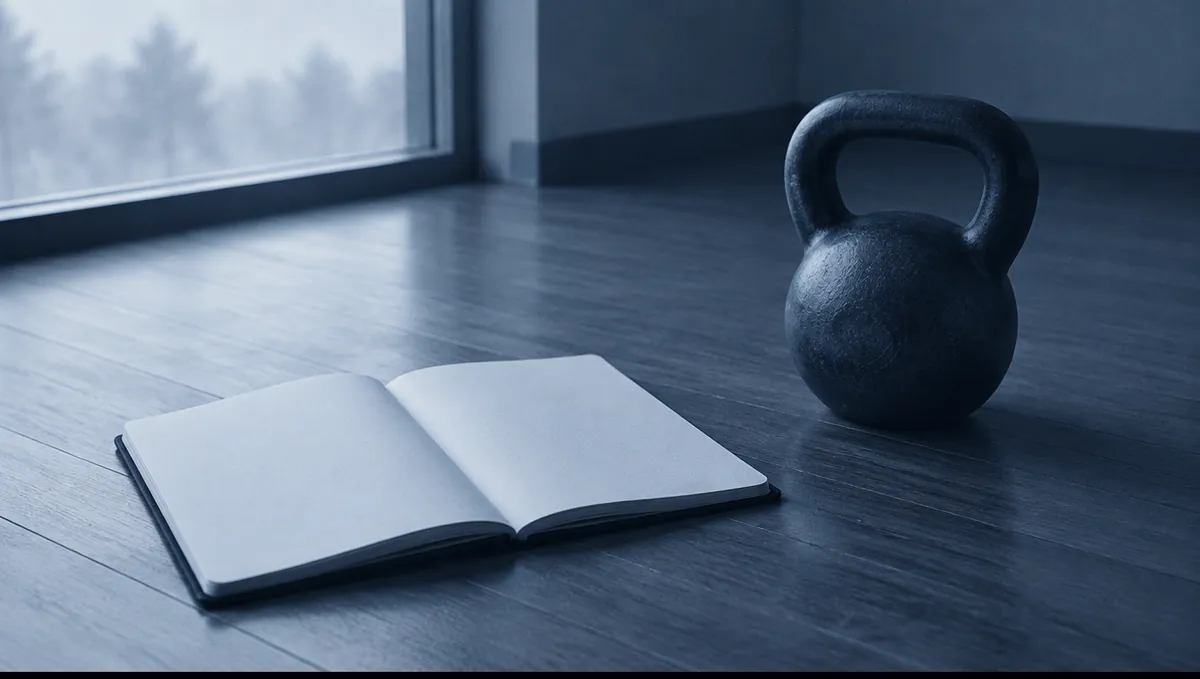A training notebook open to a blank page beside a resting kettlebell, cool window light.