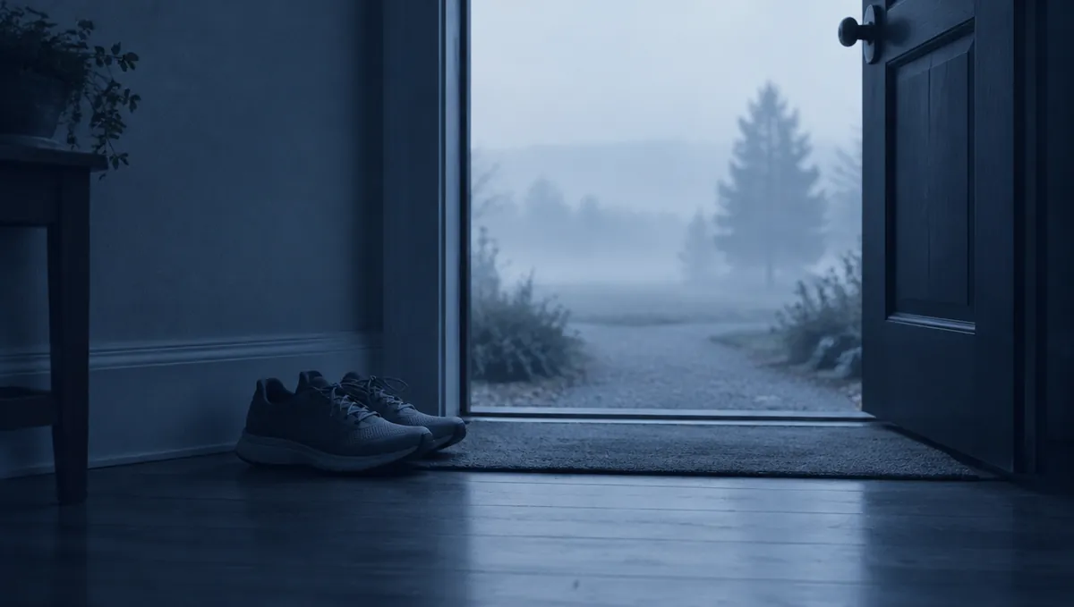 A pair of running shoes by an open door at first light, cool blue mist outside.