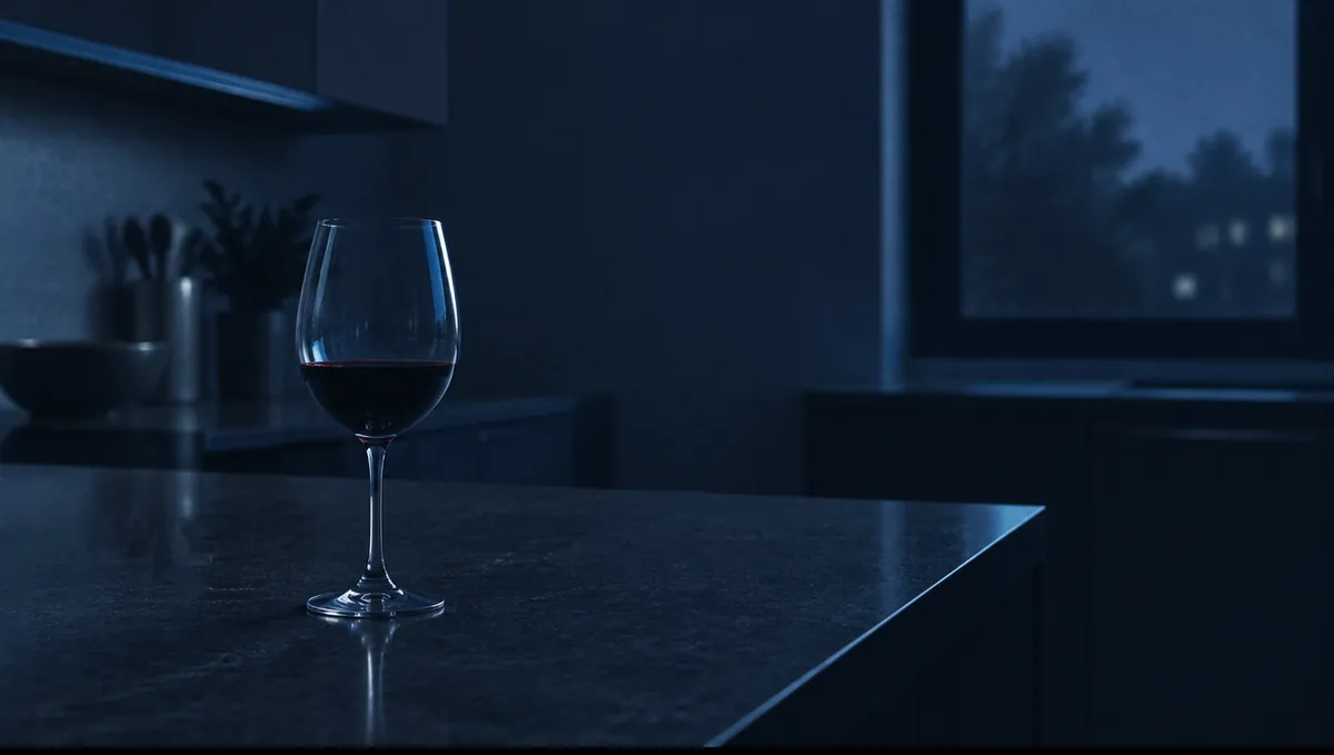 A half-finished glass of red wine on a dark kitchen counter late at night, the room in blue shadow.