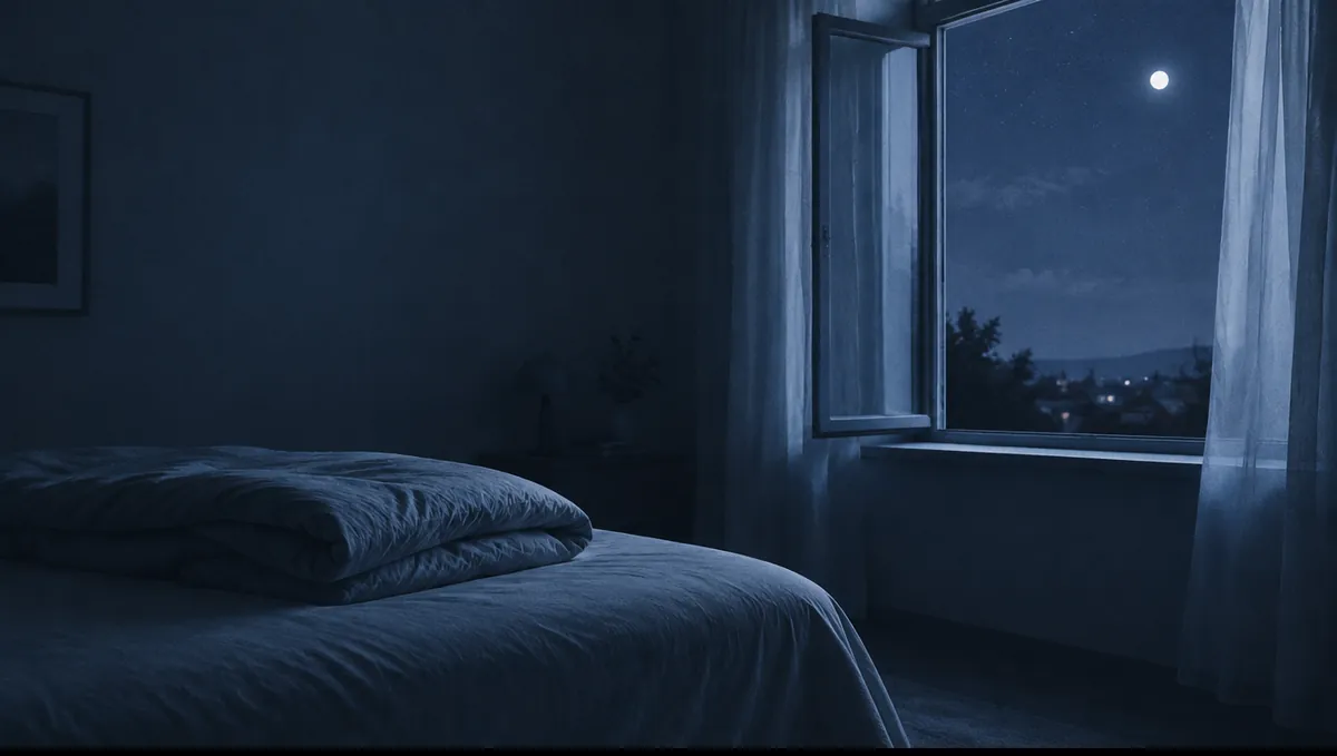 A dim bedroom at night, a folded duvet and an open window letting in cool air.