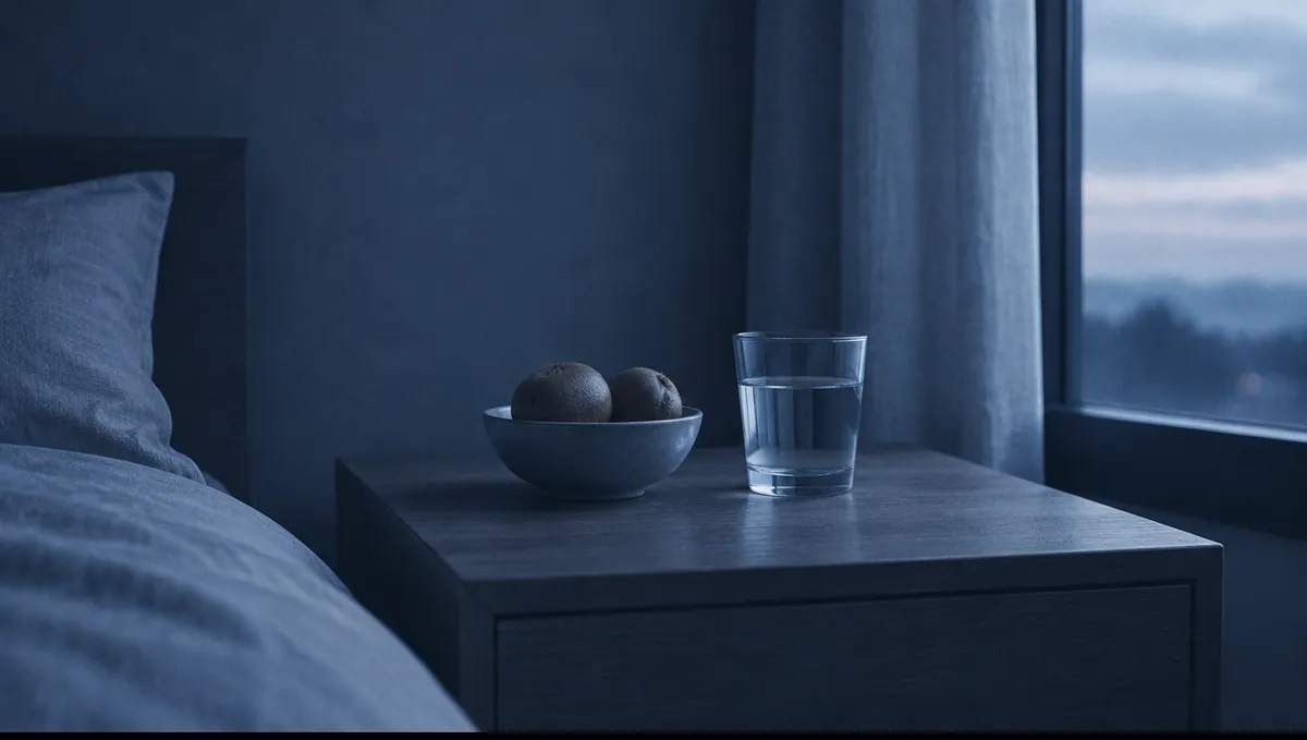 A small bowl of fruit and a glass of water on a bedside table at dusk.