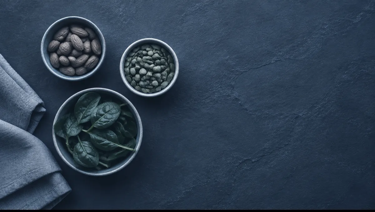 Small bowls of almonds, pumpkin seeds and spinach on slate, seen from above in cool light.