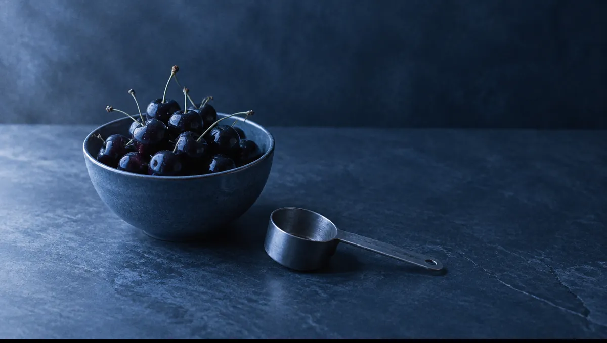 A bowl of dark cherries beside a measuring scoop on slate, in cool side light.