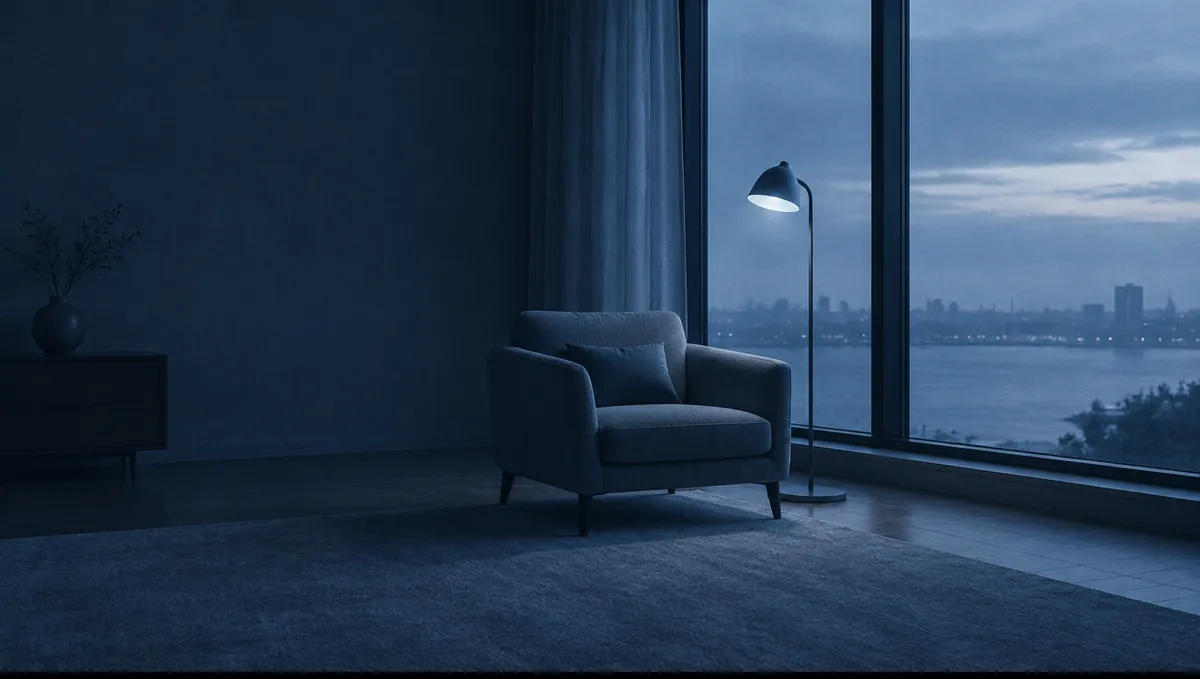 An empty living room at dusk, a chair by the window and a lamp just switched on.