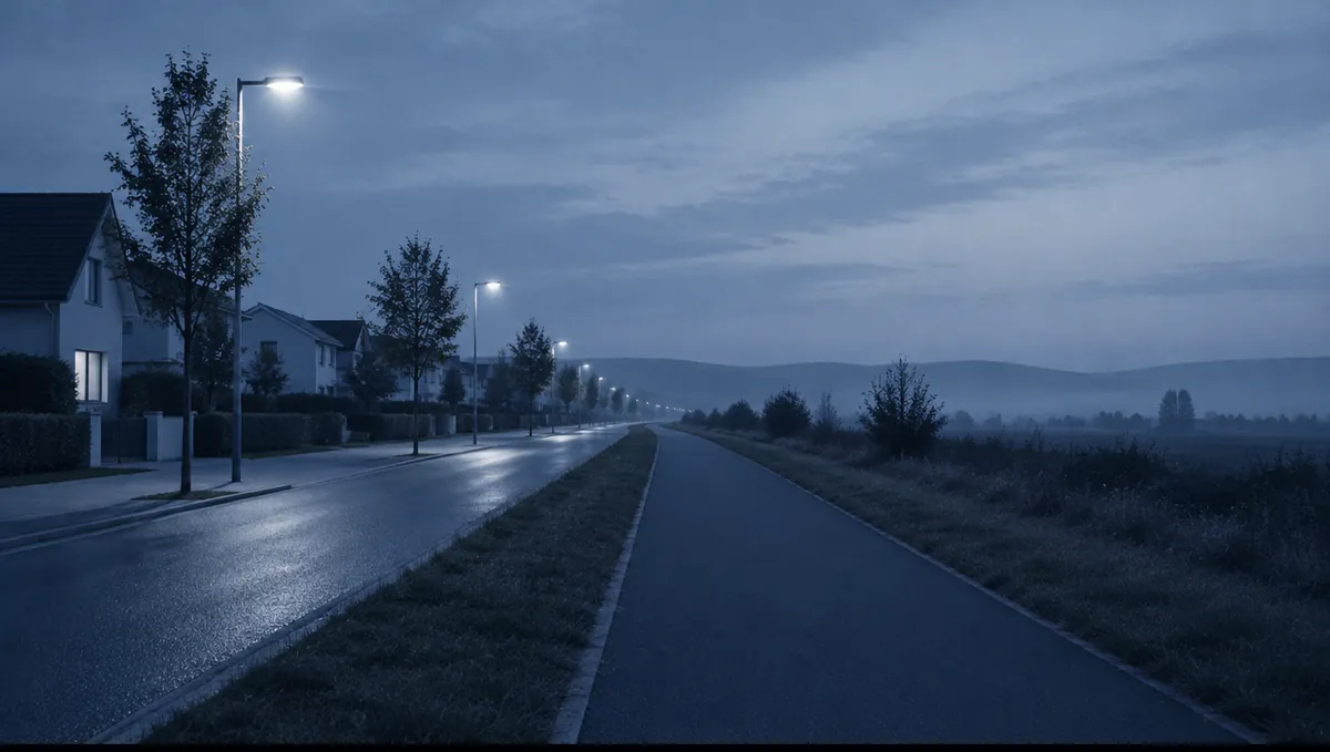 A quiet residential street at dusk, streetlights coming on, an empty running path.