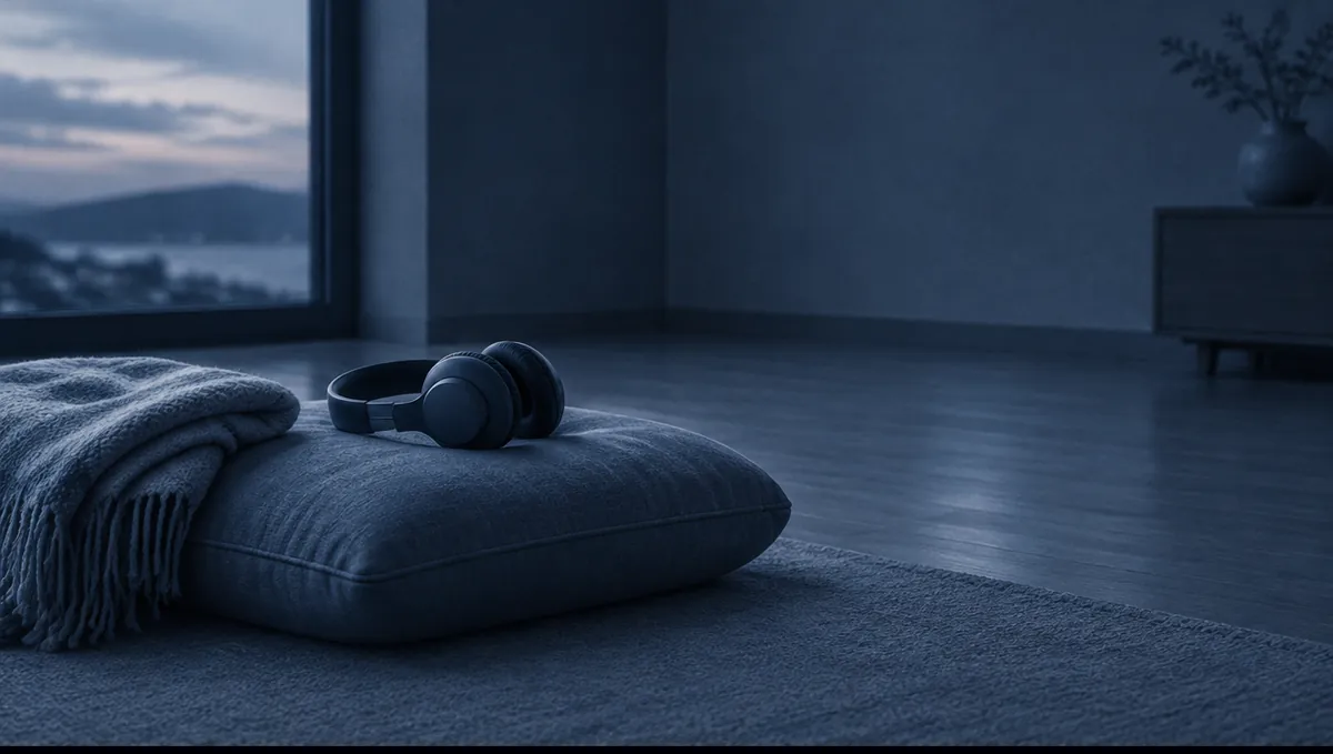 A pair of headphones resting on a cushion in a quiet room at dusk.