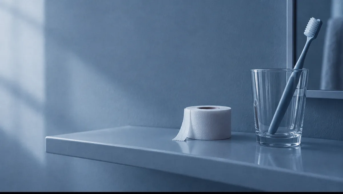 A roll of white tape on a bathroom shelf beside a toothbrush, in cool light.