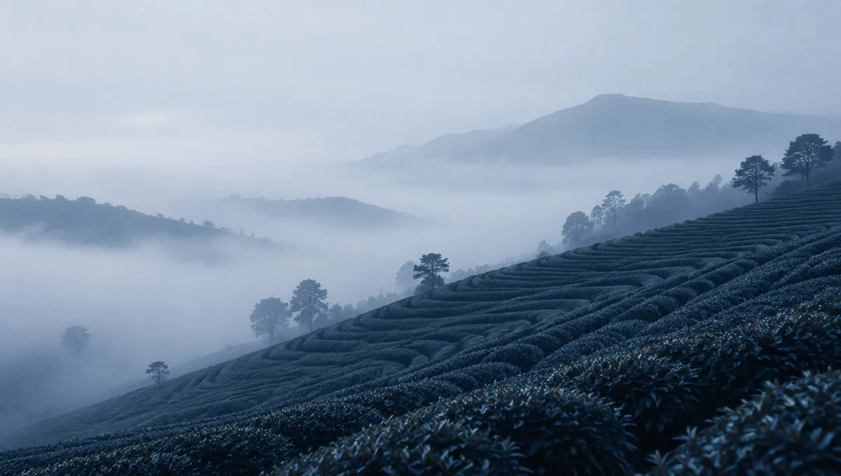 Rows of tea bushes on a misty hillside at dawn, rendered in cool blue tones.