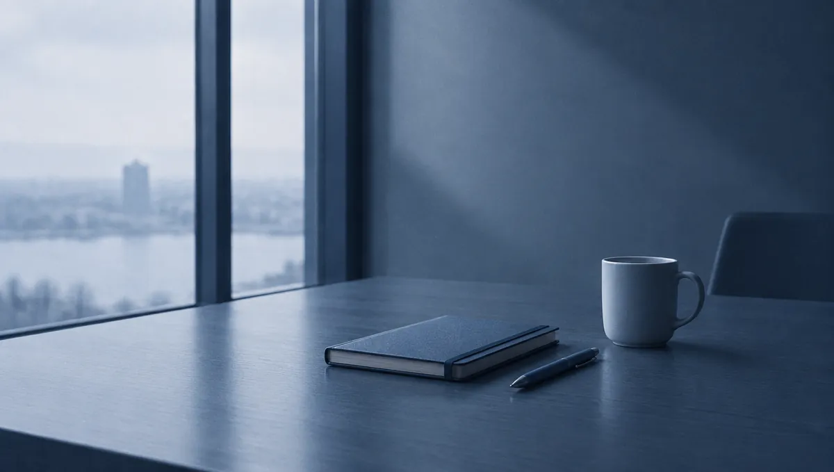 A quiet desk at mid-morning with a notebook, a pen and a cup, cool light from a tall window.