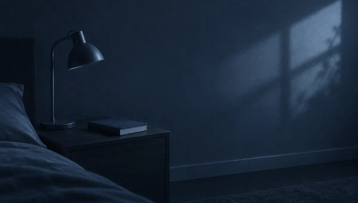 A reading lamp switched off above a closed book on a nightstand, faint moonlight on the wall.