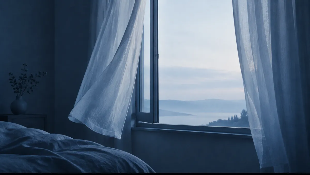 An open window with sheer curtains lifting in a breeze at first light.