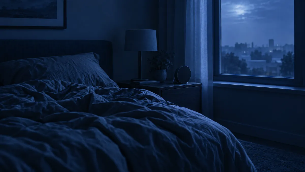 A dark bedroom at night: rumpled covers, a lamp switched off and a round clock on the nightstand, with city lights and a hazy moon beyond the window.