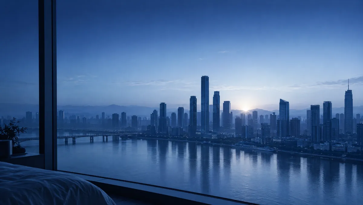 First light over a city skyline and a wide river, seen past the edge of a bed through a floor-to-ceiling window.