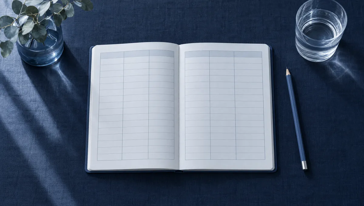 An open ruled notebook and a pencil on a navy linen tablecloth, with a glass of water and a sprig of eucalyptus in soft window light.