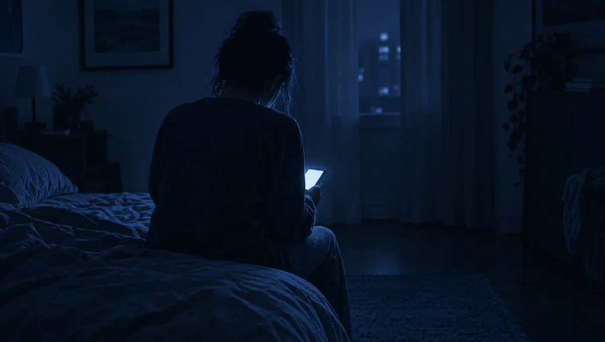 A person seen from behind, sitting on the edge of a bed in a dark room, lit only by the phone in their hands.
