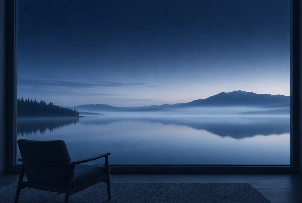 First light rising over a still lake, seen through a tall window from a dark room with an empty armchair.