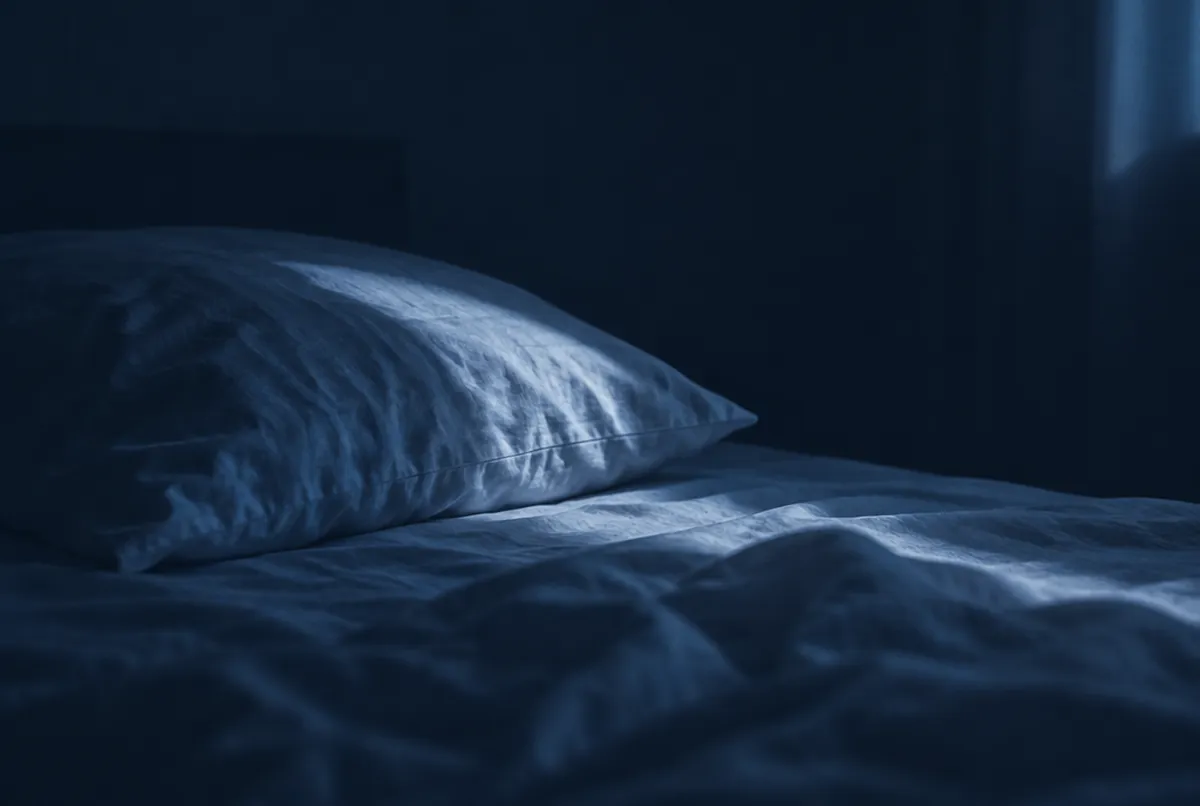 A rumpled white pillow and sheet in a dark bedroom, one band of cool moonlight across the fabric.