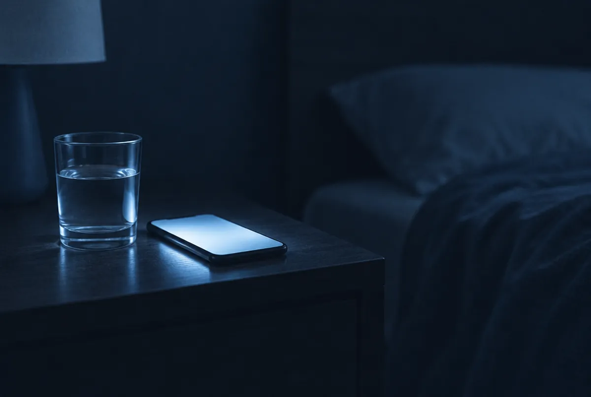 A phone glowing on a dark nightstand beside a glass of water, the rest of the bedroom in shadow.